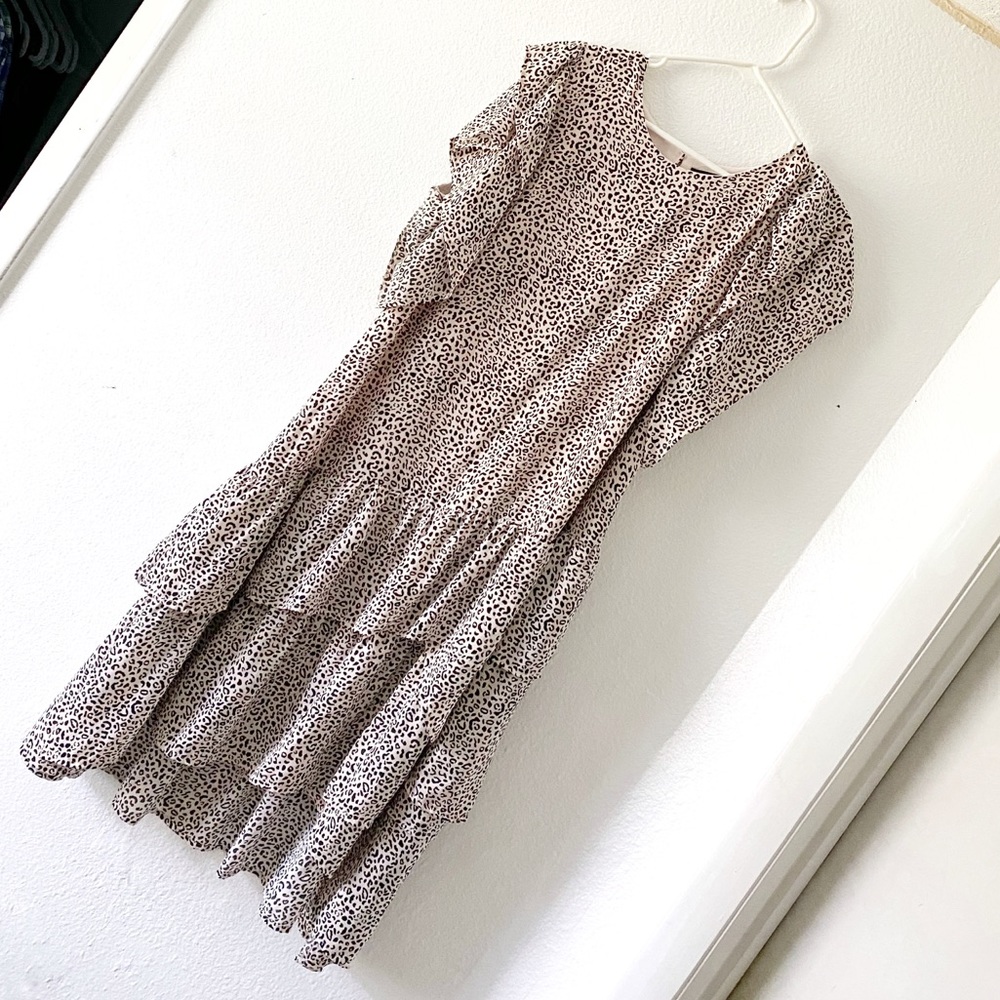 Pink tiered, ruffle leopard dress